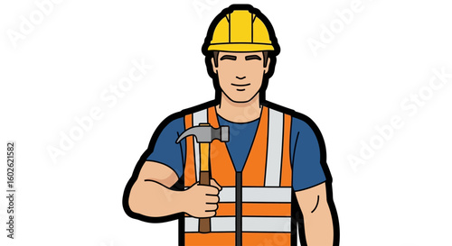 Skilled male builder in a safety vest and hard hat holding a hammer. Vector illustration of a professional construction worker or handyman.