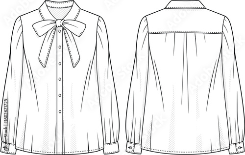 CAD drawing flat vector illustration of puff sleeve blouse, bow tie neckline, fashion sketch layout, stylish front and back viewsCAD drawing flat vector illustration of puff sleeve 