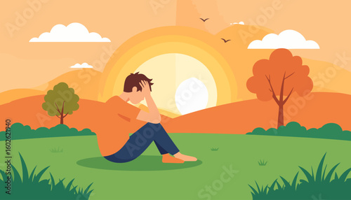 A troubled young man in an orange shirt and blue pants, sitting with his head in his hands.