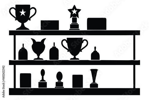 Collection of trophies and awards displayed on shelves