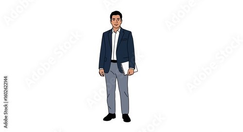 Full Body Illustration of a Confident Professional Man in Business Casual Attire Holding Documents, Ideal for Corporate and Modern Workforce Visuals