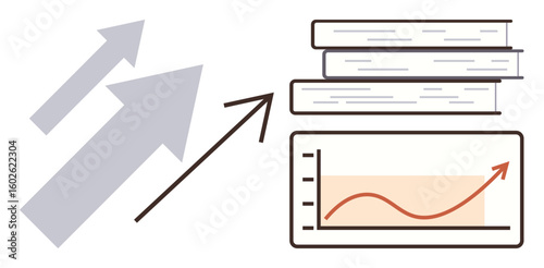 Stacked books, upward arrows, and line chart emphasize progress, knowledge, and success. Ideal for education, analytics, strategy self-improvement goal-setting growth business potential. A simple