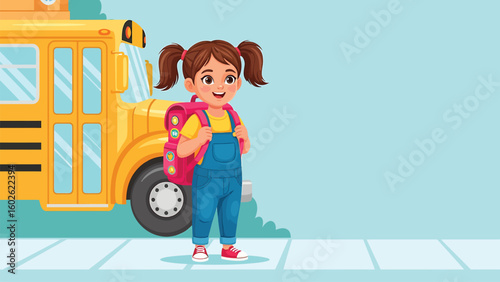 Happy schoolgirl walking with backpack under a bright blue sky with clouds, cheerful child going to school illustration