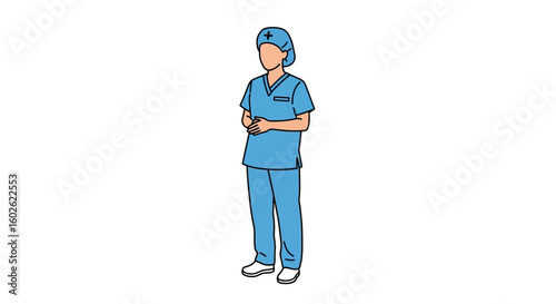 Full body illustration of a healthcare professional in blue surgical attire. Vector drawing of a doctor or surgeon on a white background.