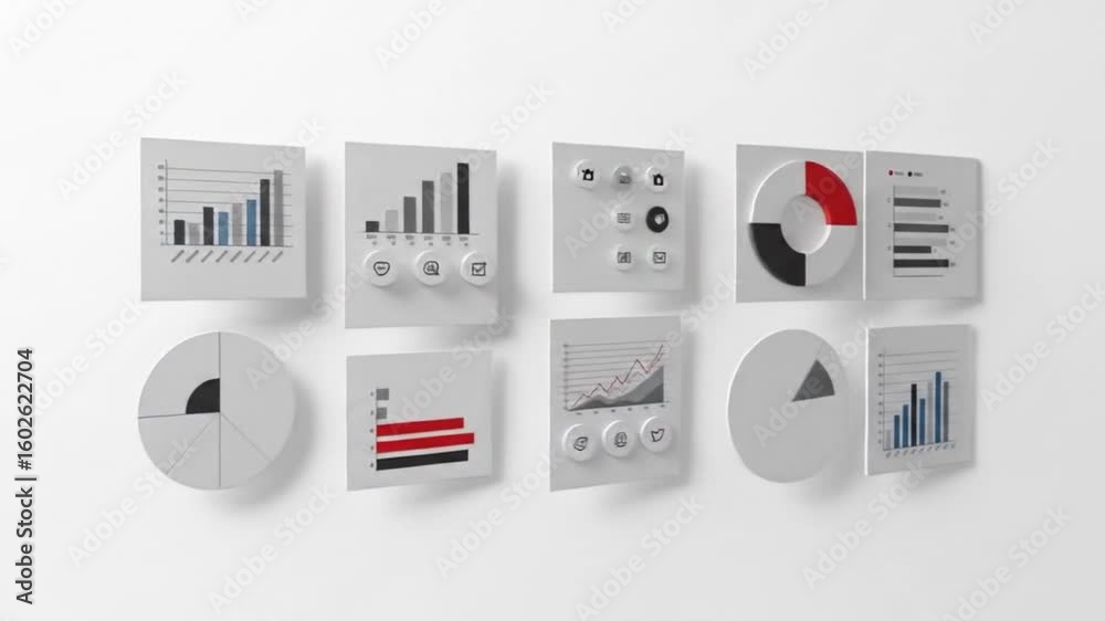 Animated Data Visualization: Charts and Graphs Rotating on White Background Animated Data Visualization: Charts and Graphs Rotating on White Background