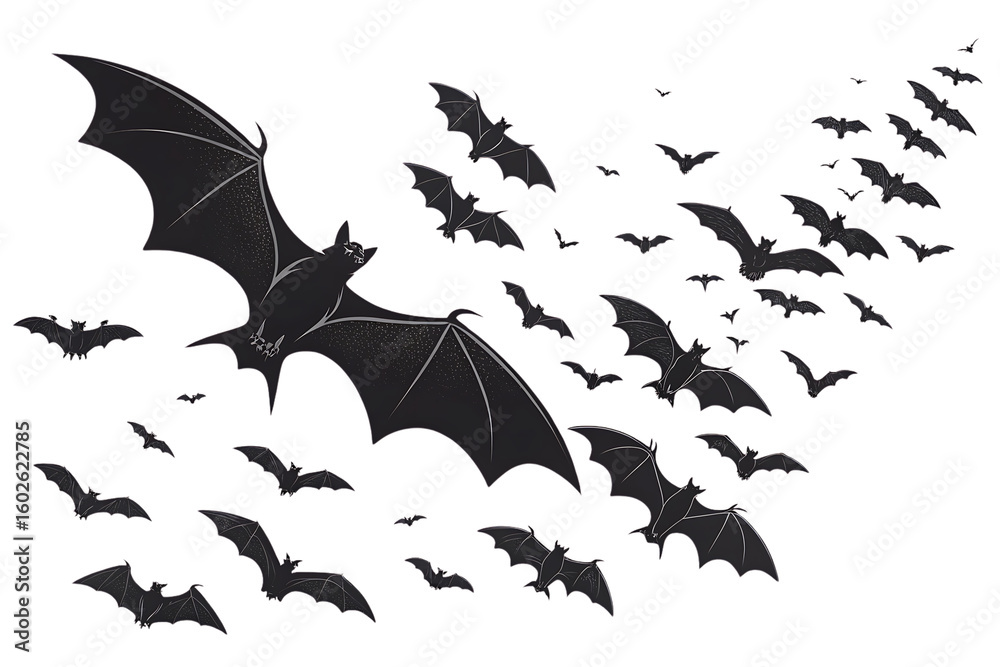 Naklejka premium Detailed black bat silhouettes showing wing membrane structure in clustered flight formation pattern, isolated on a transparent background