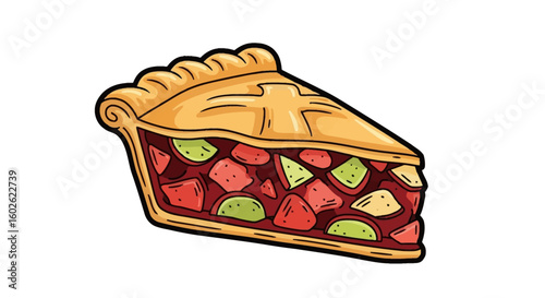 A delicious cartoon illustration of a single slice of homemade fruit pie with a flaky golden crust, isolated on white.