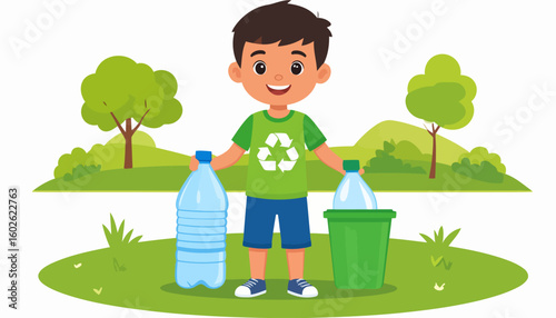 Happy cartoon boy in a green shirt with a recycling symbol, holding plastic bottles for recycling.