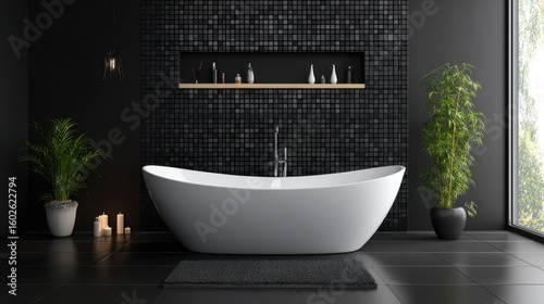 Modern, minimalist bathroom with a white bathtub and dark mosaic tiles.