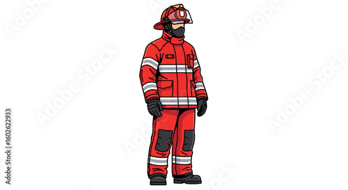 Illustration of a firefighter in a red protective uniform and helmet. A representation of bravery, duty, and public safety services.