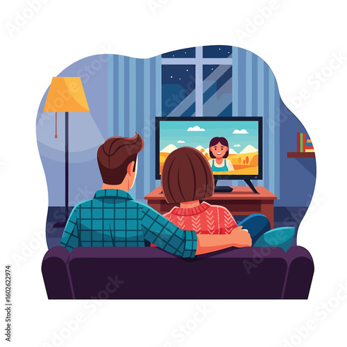 Couple relaxing on sofa and watching movie together in cozy living room interior illustration

