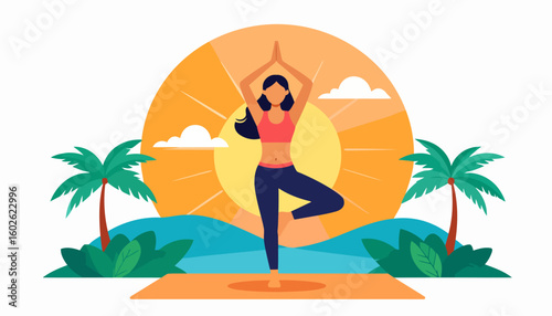 Serene woman in tree pose on a yoga mat at the beach with palm trees and a rising sun.