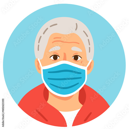 Elderly in medical mask. Senior person wearing face covering. Mature adult in protective gear. Old person staying safe indoors. Elderly set