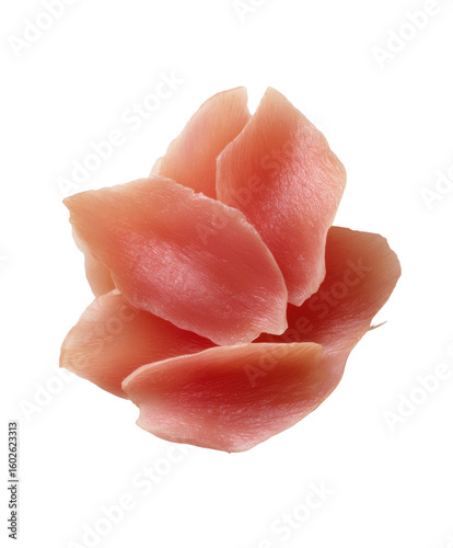 Pile of pickled ginger on white background. Japanese food, sushi ingredient, condiment, taste, flavor, cuisine, asian cooking