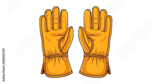 Vector illustration of a pair of yellow leather work gloves. Protective gear for manual labor, construction, and safety, isolated on white.