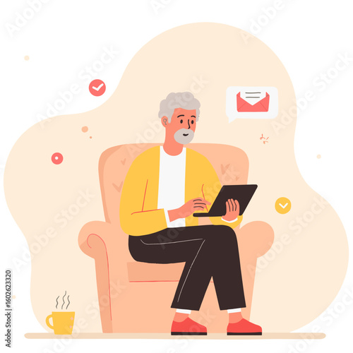 Grandfather checking email. Elderly man using laptop. Senior reading message online. Old man browsing internet. Elderly set