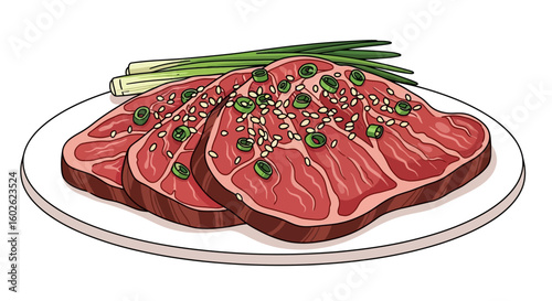 Fresh raw beef steaks marinated with chopped green onions and sesame seeds, presented on a white plate, ready for grilling.