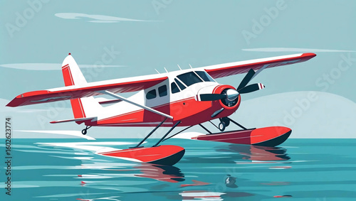 Seaplane Adventure: A vibrant illustration showcases a classic seaplane gliding gracefully above calm water. With a bright color palette and sharp lines, evoking a sense of adventure, Generative AI