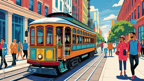 Vintage Streetcar in a Bustling City: A vibrant illustration captures an old streetcar traveling along a city street with pedestrians and colorful buildings. Generative AI