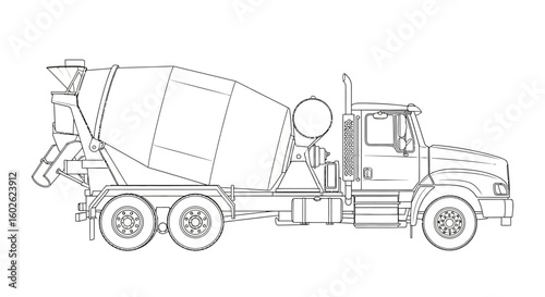 Detailed outline drawing of a concrete mixer truck, a concept for heavy construction machinery and industrial transportation.