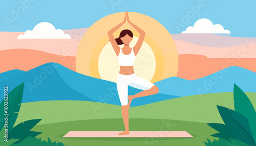 Illustration of a brunette woman in white sportswear practicing the Tree Pose (Vrikshasana) on a pink yoga mat.