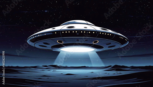 Unidentified Flying Object (UFO) in Night Sky: A photorealistic image of a classic UFO with a futuristic design illuminates a dark landscape under a starlit sky. Generative AI