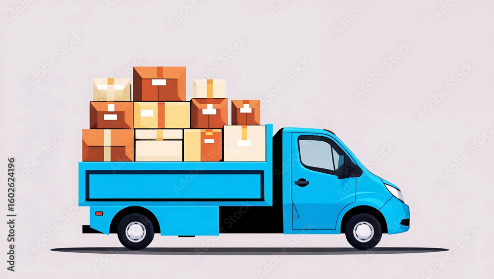 Fototapeta premium Delivery Truck Overloaded with Packages: A blue delivery truck, brimming with cardboard packages, epitomizes efficiency and reliability in logistics and shipping, against an airy Generative AI