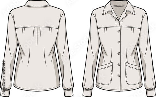 CAD drawing flat vector illustration of women’s shirt design, patch pockets, pleated yoke, button front, long sleeves, stylish sketch layoutCAD drawing flat vector illustration of women’s 