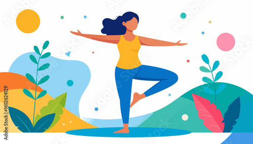 A faceless woman with dark hair in a yellow top and blue leggings practicing a yoga balance pose.