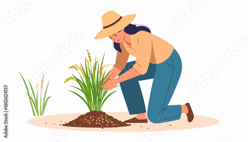 Illustration of a woman farmer in a wide-brimmed hat, kneeling and cultivating rice stalks.