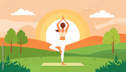 Rear view of a woman with brown hair in Tree Pose, wearing white leggings and a beige crop top on a yellow mat.