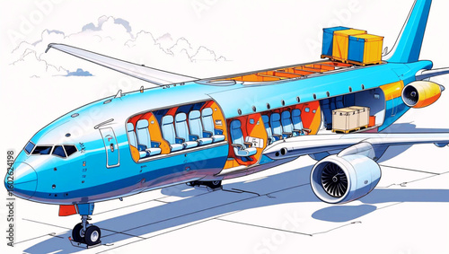 Air travel cutaway view: Illustrative blueprint style depiction of an aircraft highlighting various interior components. Generative AI