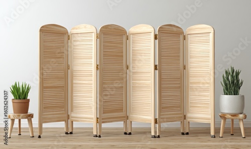 Light beige wooden room divider with louvered panels.