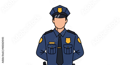 Cartoon vector illustration of a policeman in uniform. Male police officer character representing law, justice, and public safety.
