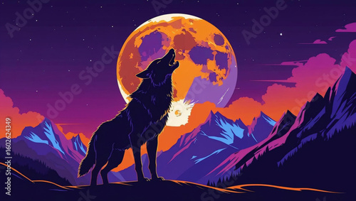 Wolf's Serenade under the Lunar Glow: An illustration showcasing a lone wolf's evocative howl under the enchanting, celestial gaze of the full moon over majestic mountain landscape.