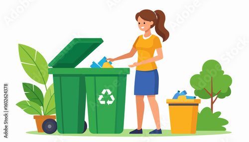 Cheerful brunette woman with a ponytail sorting plastic waste into a green recycling bin with a white symbol.