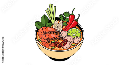 Illustration of Tom Yum Goong, a spicy Thai shrimp soup with lemongrass and chili. Traditional Asian cuisine in a bowl on a white background.