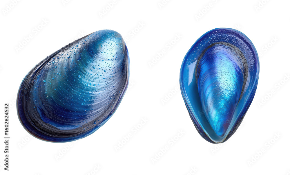 Naklejka premium Two blue mussel shells shown on white. Seafood, ocean, marine life, raw, delicacy, protein, nutrition, aquatic, gourmet, restaurant, shellfish.