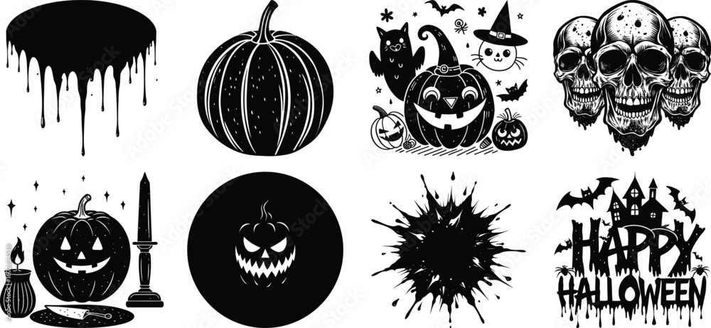 Naklejka premium black and white vector illustration of an halloween set