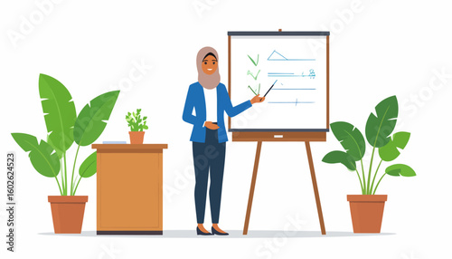 Confident Muslim woman in a hijab and blue blazer pointing at a whiteboard during a presentation.