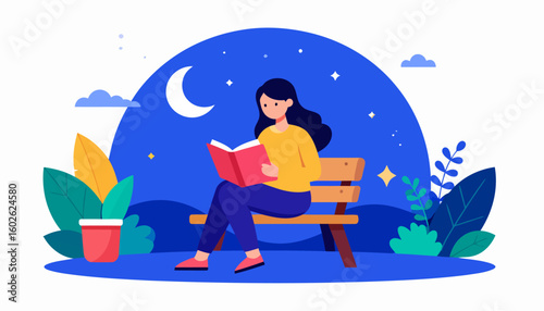 Flat illustration of a young woman with dark hair reading a red book while sitting on a wooden bench.