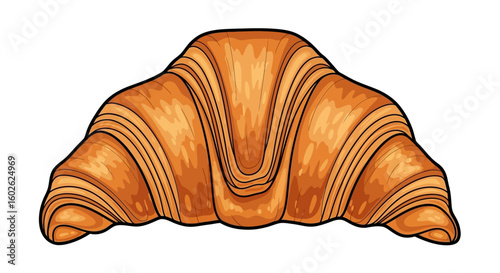 A detailed cartoon illustration of a fresh golden croissant, a classic French breakfast pastry isolated on a white background.