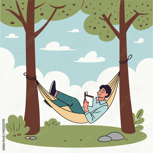 Man relaxing in a hammock strung between two trees in a park with green bushes and grass around him