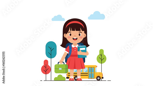 Happy schoolgirl walking with backpack under a bright blue sky with clouds, cheerful child going to school illustration