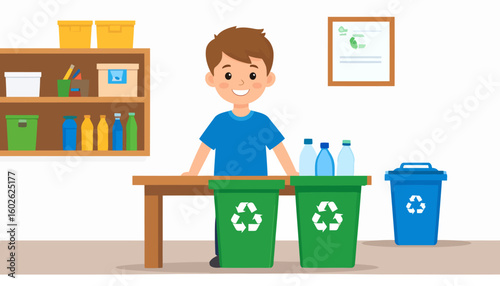 Cheerful cartoon boy with brown hair in a blue t-shirt sorting plastic bottles for recycling.