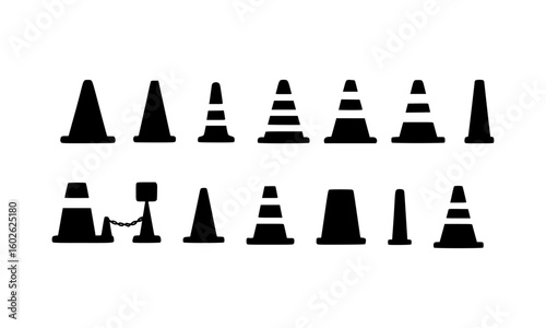 Set of traffic cone and road barrier silhouettes. A collection of street safety markers.