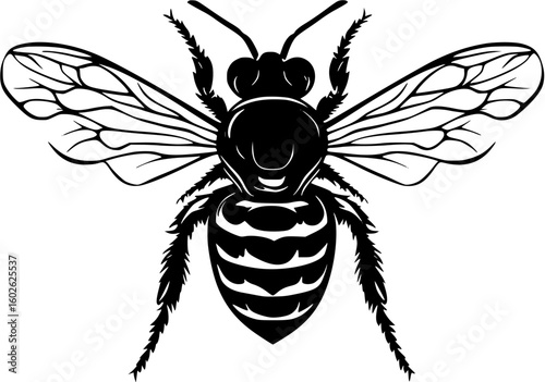 Stylized graphic illustration of a bee with striped abdomen and detailed wings