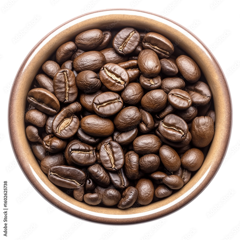 Fototapeta premium Coffee Mug with Beans Top View on Clear Background