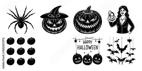 black and white vector illustration of an halloween set
