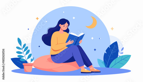 A calm young woman with long dark hair, wearing a yellow sweater, absorbed in reading a book while sitting on a pink beanbag.